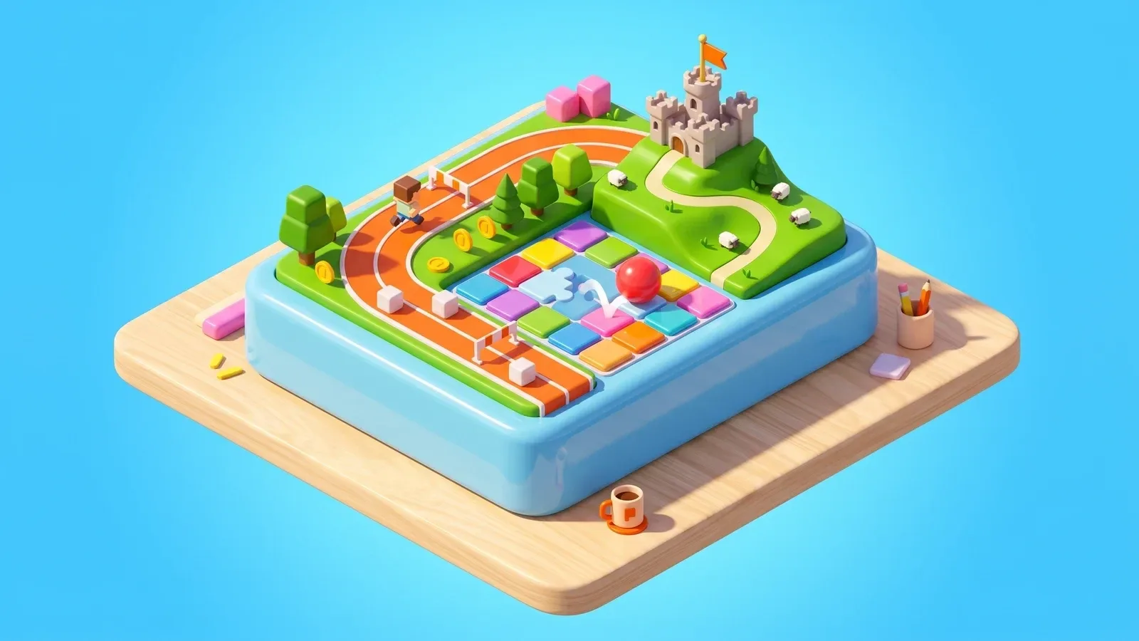 Colourful illustration of a workbench where written ideas turn into small game worlds